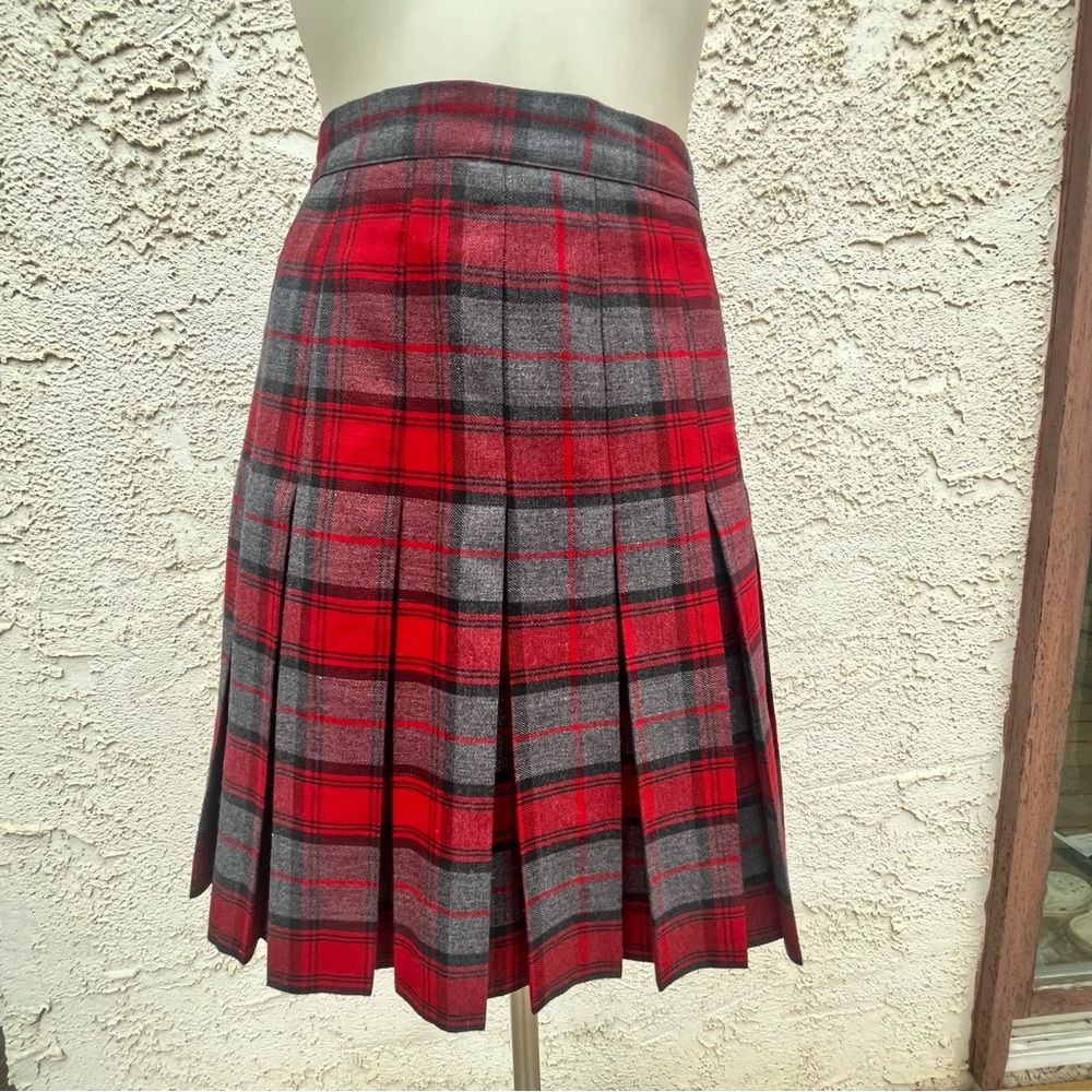 Vintage Braemar Petites Red & Grey Plaid Pleated Midi Skirt